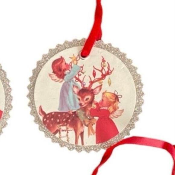 Retro Style Reindeer Christmas Sleigh Ornament Glitter Cardboard set of 4 - Picture 3 of 3